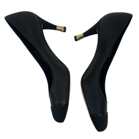 Chanel CC Logo Gold Tipped Heel Cap Toe Leather Pump Black Size 38 - Picture 6 of 10